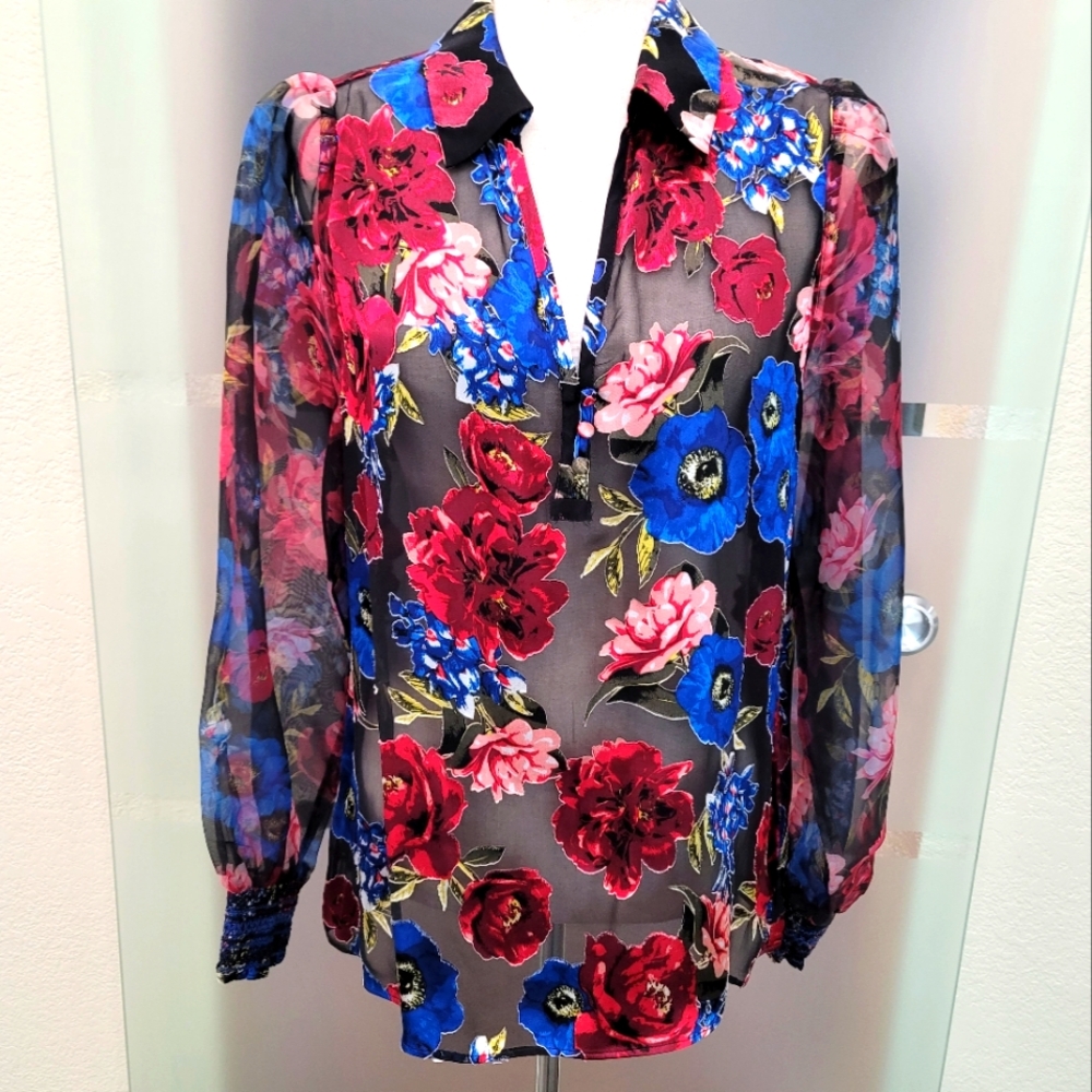 White House Black Market Black Sheer Blouse with Red & Blue Floral Print